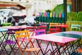 Bright colorful tables of Parisian outdoor cafe on Montmartre Royalty Free Stock Photo