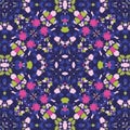 Bright Colorful Tie Dye Shibori Sunburst Kaleidoscope Mirrored Mandala on Purple Background Vector Seamless Pattern