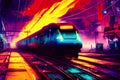 Bright colorful train in motion on rails. Modern train on background of multicolored abstraction with space for your