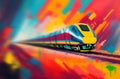 Bright colorful train in motion on rails. Modern train on background of multicolored abstraction with space for your