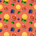 Bright colorful tropical fruits mixture seamless pattern with lemon, figs, blueberries and leaves Royalty Free Stock Photo