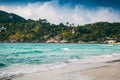 Bright colorful tropical landscape, sandy beach, turquoise waves