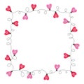 Bright Colorful Valentine`s Day Holiday Heart String Lights on White Background Square Frame