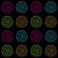 Bright and colorful vector seamless pattern of hand drawn circles on a black background