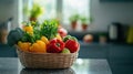 Bright and colorful vegetable basket on a kitchen counter, sharp focus on fresh produce with a softly blurred modern Royalty Free Stock Photo