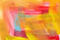 Bright colorful watercolor background. Hand drawn pink, orange, mint and yellow brush strokes.
