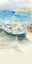 Seascape, ocean or sea water watercolor illustration. Bright colorful work can be used as a wall decoration or greeting card.