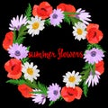 Bright colorful wreath of red poppies, green leaves  ,  delicate lilac and white daisies on black background Royalty Free Stock Photo