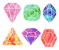 Bright colorfull watercolor diamonds set isolated on white backgrounds. Hand painting gemstones and crystals Royalty Free Stock Photo