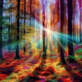 Bright colors autumn forest with sun rays among trees. Magical fairytale forest with lights. Mystic atmosphere Royalty Free Stock Photo
