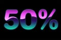 Bright colors 50% discount purple, blue, pink gradients, promotion sale percent made of glowing neon sign on black background,