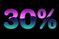 Bright colors 30% discount purple, blue, pink gradients, promotion sale percent made of glowing neon sign on black background,