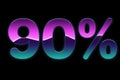 Bright colors 90% discount purple, blue, pink gradients, promotion sale percent made of glowing neon sign on black background,