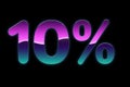 Bright colors 10% discount purple, blue, pink gradients, promotion sale percent made of glowing neon sign on black background,