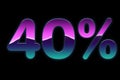 Bright colors 40% discount purple, blue, pink gradients, promotion sale percent made of glowing neon sign on black background,