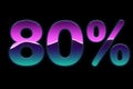 Bright colors 80% discount purple, blue, pink gradients, promotion sale percent made of glowing neon sign on black background,