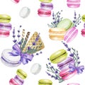 Bright colors Macarons cake Watercolor seamless pattern on white background with lavender flowers. Colorful sweet french Royalty Free Stock Photo