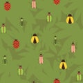 Bright colourful beetles on green leaves, seamless pattern. Royalty Free Stock Photo