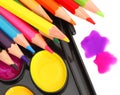 Bright colourful paint and pencils