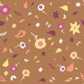 Bright colourful pattern print of sunflowers & daisies in earthy tones. Royalty Free Stock Photo