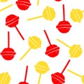 Bright and colourful vector seamless pattern. Red and yellow lolipops on white background. Candy in pop art style. Royalty Free Stock Photo