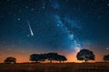 A bright comet in the night sky over an open field with trees Royalty Free Stock Photo