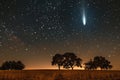 A bright comet in the night sky over an open field with trees Royalty Free Stock Photo