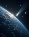 Bright Comet Passing Above Earth Horizon with Moons in Space Royalty Free Stock Photo