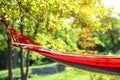 Bright comfortable hammock hanging in garden