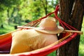 Bright comfortable hammock with pillow and hat hanging in green garden