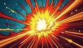 Bright comic explosion illustration. Red yellow rays burst on blue background. Graphic artwork ideal for comics books, posters, Royalty Free Stock Photo