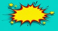 Bright comic-style explosion graphic on a turquoise background. Central yellow b Royalty Free Stock Photo
