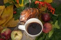 A A bright composition with a cup of strong black tea, a sweet bun with raisins, ash berries, apples and colorful autumn leaves on Royalty Free Stock Photo