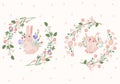 Bright compositions with a cute rabbit, a wreath of flowers, leaves, hearts. Spring-summer flowering. Flowers of