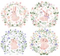 Bright compositions with a cute rabbit, a wreath of flowers, leaves, hearts. Spring-summer flowering. Flowers of