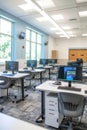 Bright computer lab with multiple workstations and large windows overlooking greenery. Royalty Free Stock Photo