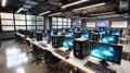 Bright computer lab with rows of modern PCs, ergonomic chairs, and large blue screen monitors Royalty Free Stock Photo