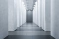 Bright concrete corridor interior with pillars and daylight.