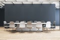 Bright concrete meeting room interior with mock up place on wall, wooden flooring and window and city view. 3D Royalty Free Stock Photo