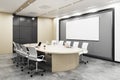Bright conference room with empty banners