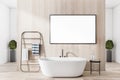 Bright contemporary bathroom interior with empty poster on wooden wall. Mock up, Royalty Free Stock Photo