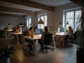 Coworkers collaborating in futuristic workspace