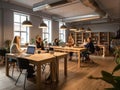 Coworkers collaborating in futuristic workspace