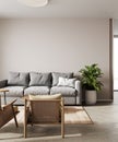 Bright contemporary living room mockup with beigewall and wooden floor, gray sofa, armchair and coffee table, living room interior Royalty Free Stock Photo