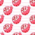 Bright contrast garnet seamless pattern. Pink fruit doodle silhouettes on white stripped background