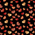 Bright contrast seamless pattern with ornament hearts, black background