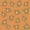 Bright contrasting floral with leaves orange colorful seamless pattern