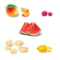 Bright and cool fruits and berries and halves in vector