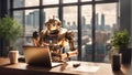 Bright copper robot working in a window office