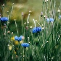 Bright cornflower, knapweed, bluebottle, bachelors button, bluet, centaury on green yellow background of blurred grass with bokeh